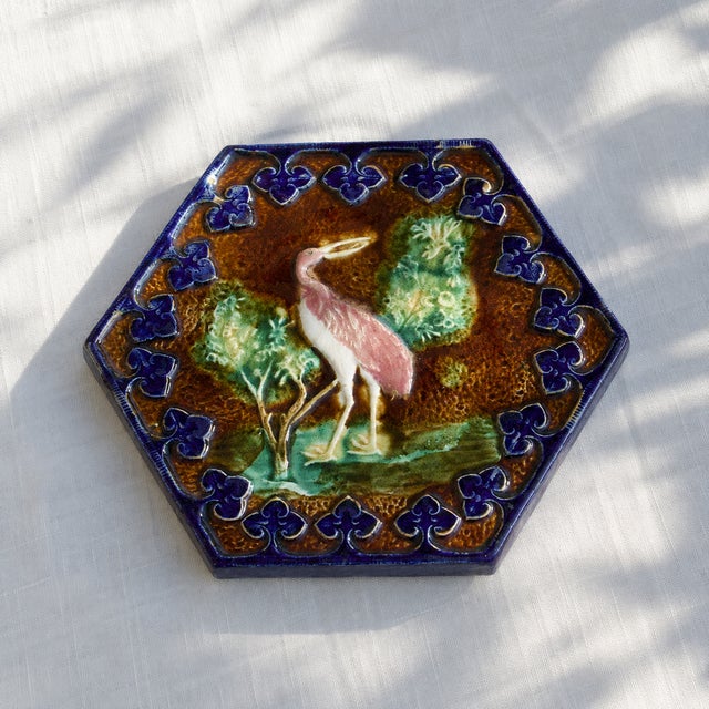 Mid 19th Century French Trivet in Polychrome Barbotine with Pink Bird, 1860 For Sale - Image 5 of 8