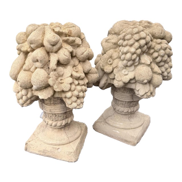 1960s Pair of Concrete Garden Fruit Baskets/ Statues/Urns/ Pillar Finials For Sale