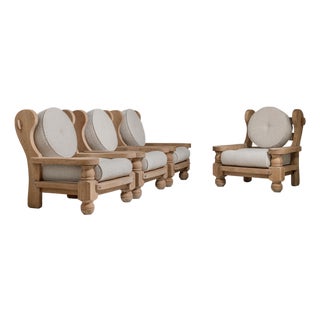 Pair of Brutalist Oak Upholstered Armchairs, Antique, France, Circa 1970 For Sale
