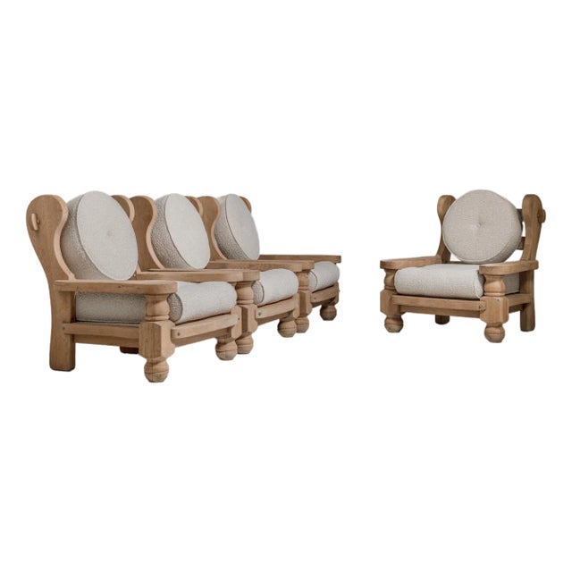 Pair of Brutalist Oak Upholstered Armchairs, Antique, France, Circa 1970 For Sale