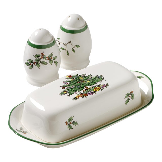 Spode Christmas Tree Hostess Set - Covered Butter Dish and Salt & Pepper Shakers For Sale
