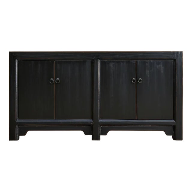 Distressed Black Rough Wood 4 Doors Credenza Console Cabinet For Sale