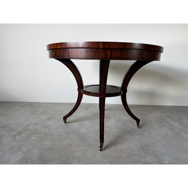 Wood Vintage Thomasville Ernest Hemingway Collection Inlaid Pinwheel Round Center Table With Drawers For Sale - Image 7 of 12