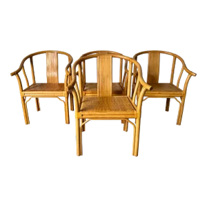 1980's Vintage Boho Chic Ficks Reed Horseshoe Rattan & Leather Chairs - Set of Four