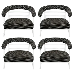 1950s Bert England White Lacquer & Black Polka Dot Lounge Chairs - Set of 4