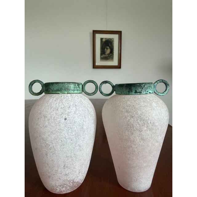 Pair of Scavo Murano-Style Glass Vessels Bud Vases Pink Verdigris Metal Handles For Sale - Image 15 of 18