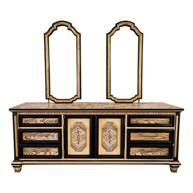 Late 20th Century Wood Dresser With Mirrors, Hand Painted Black & Gold Dresser, One of a Kind Statement Furniture For Sale