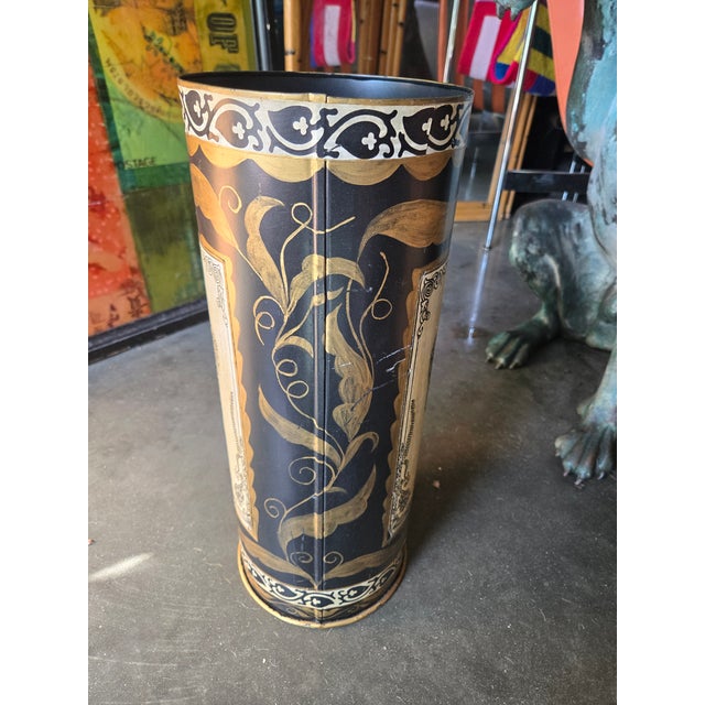 Italian 1960s Mid Century Italian Black Tole Painted and Decoupage Umbrella Stand Manner of Fornasetti For Sale - Image 3 of 7