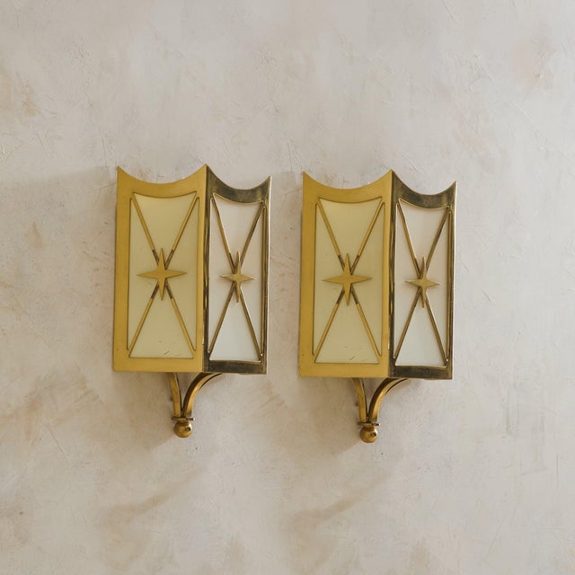 Modern Pair of French Brass Starburst Motif Sconces, 1950s For Sale - Image 3 of 11