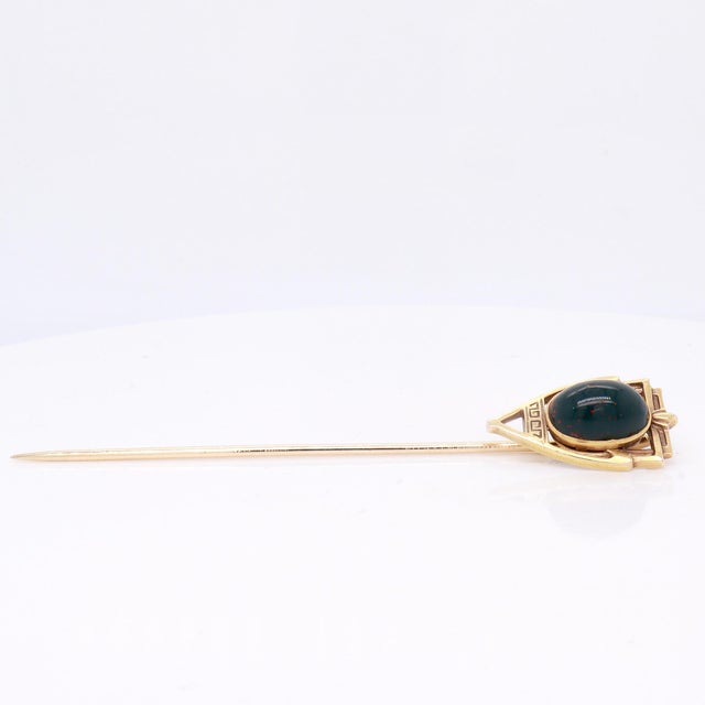 Antique Signed Brassler & Co. Art Deco 14k Gold & Bloodstone Cabochon Stickpin For Sale - Image 12 of 15