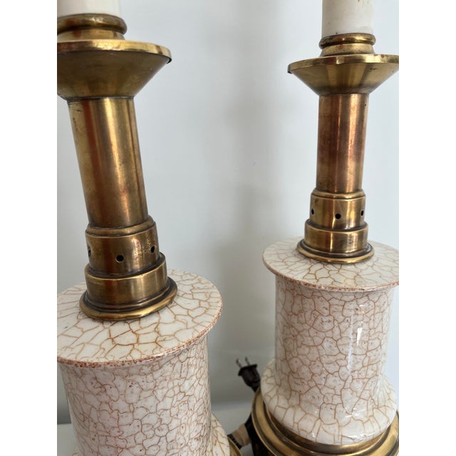 Stiffel Mid-Century Modern Crackle Glazed Brass Table Lamps - A Pair For Sale - Image 11 of 11