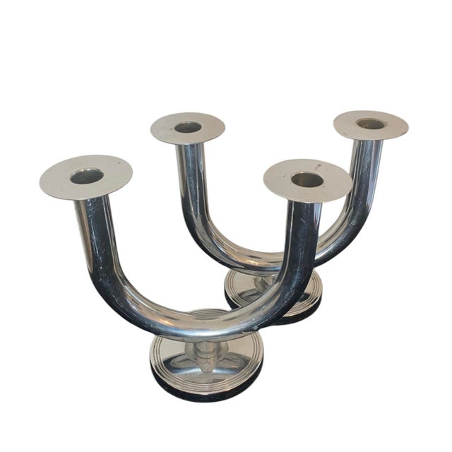 This pair of machine-age double candlesticks were designed for Chase Metalworks in Waterbury, Connecticut by Walter Von...