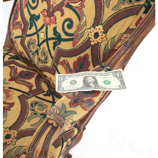 Pair of His & Hers Finely Carved Walnut Country French Lounge Armchairs Tapestry For Sale - Image 9 of 16