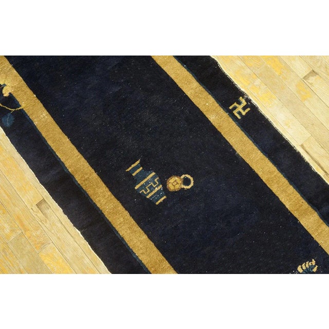 Textile 1920s Navy Blue Floral Vase Antique Chinese Peking Carpet 2' 4'' X 11' 7" Knotted Wool Rug Runner For Sale - Image 7 of 8
