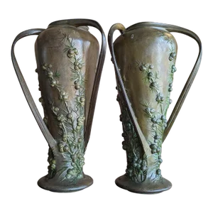 Antique 1903 French Art Nouveau Vases, Blanche Poccard De Saintilau Signed Salon - Set of 2