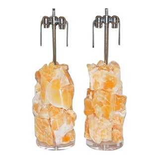 Stone Rock Lamp Table Sculptures in Orange Calcite For Sale