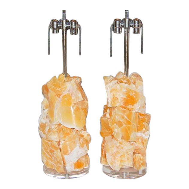 Stone Rock Lamp Table Sculptures in Orange Calcite For Sale