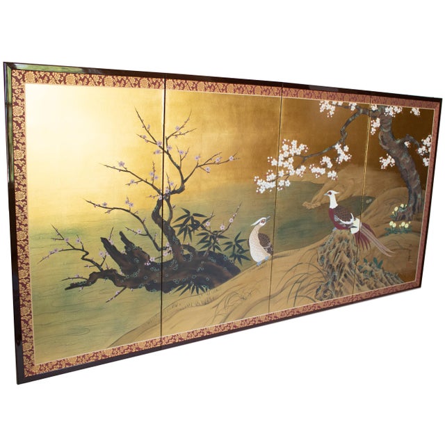 Japanese "Cherry Blossoms and Golden Birds" by Ransetsu, Heisei Era Japanese Byobu Screen For Sale - Image 3 of 18
