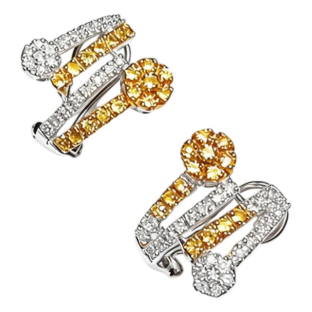 Late 20th Century 14K White Gold Yellow Sapphire Diamond Floral French Clip Earrings, Pair For Sale