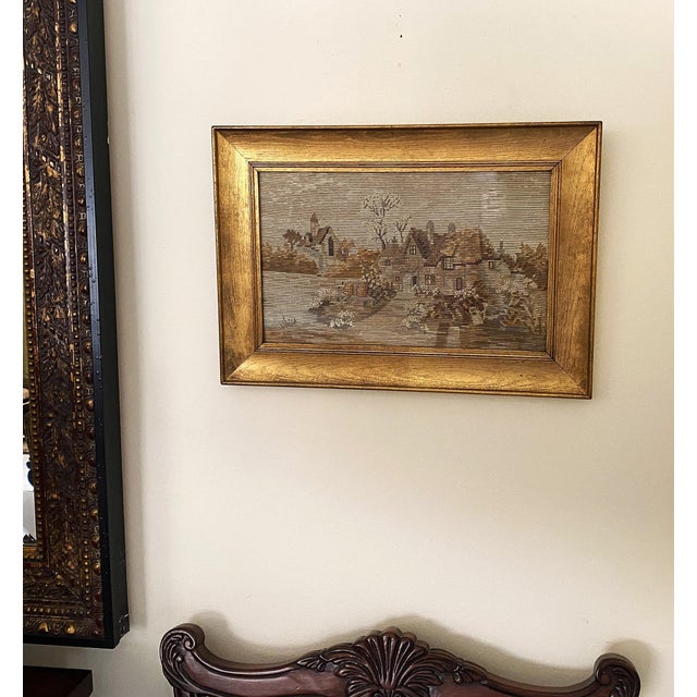 C1900 Florentine Gilt Wood Framed Intricate Needlepoint-Pastoral Village 17x12 For Sale - Image 16 of 17