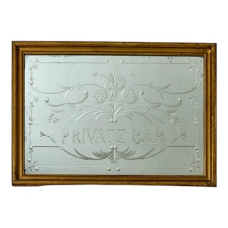 Rare Massive Antique Reverse Etched Glass Mirrored Private Bar Sign For Sale