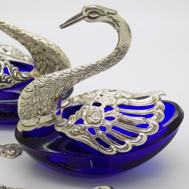 Vintage Italian Sterling Silver 800 Swan Salt Cellars with Cobalt Glass Liners and Spoons, 1970s, Set of 4 For Sale - Image 4 of 13