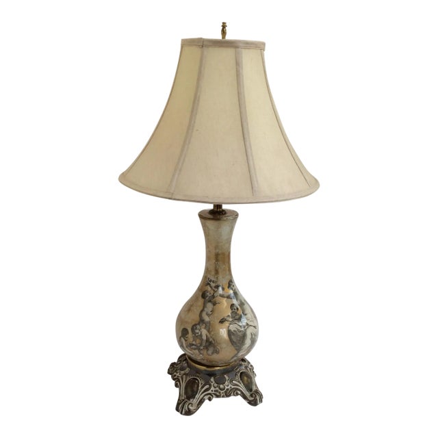 Vintage Eglomise Cherub Rococo Lamp For Sale