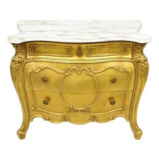 Vintage Daniel Jones French Louis XV Style Gold Bombe Marble Top Nightstand For Sale