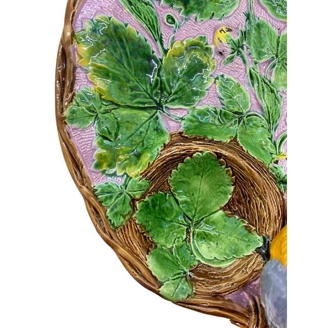 Ceramic Holdcroft Majolica Strawberry Server With Bird, Cream and Sugar Wells, Ca. 1875 For Sale - Image 7 of 12
