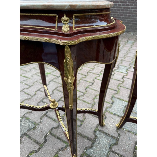 French 1920 French Louis XVI Mahogany Marble Side Tables - Pair of 2 PCS For Sale - Image 3 of 18