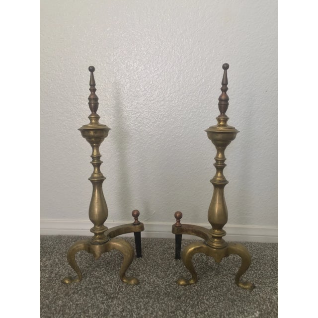 Antique Turned Baluster Brass Fireplace Andirons Fire Dogs - a Pair For Sale - Image 13 of 13