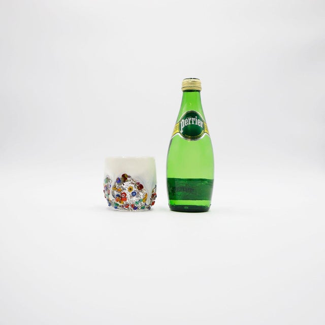 Millefiori Glass Tumbler, Dimpled Crumpled Glass Beaker, White For Sale - Image 4 of 4