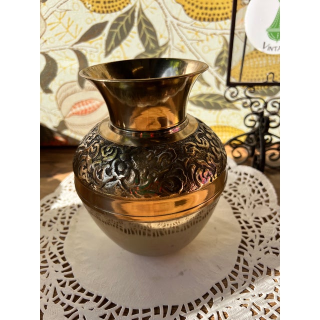 Metal 1970s Intricate Brass Vase Hand Hammered Details For Sale - Image 7 of 7