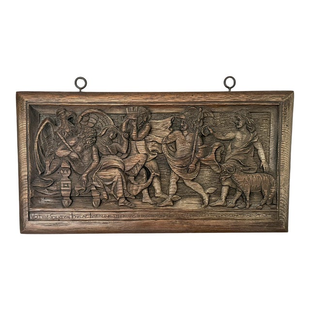 Early 20th Century Renaissance Revival Carved Oak Wall Plaque Depicting Jupiter, Juno, Neptune & Mercury For Sale