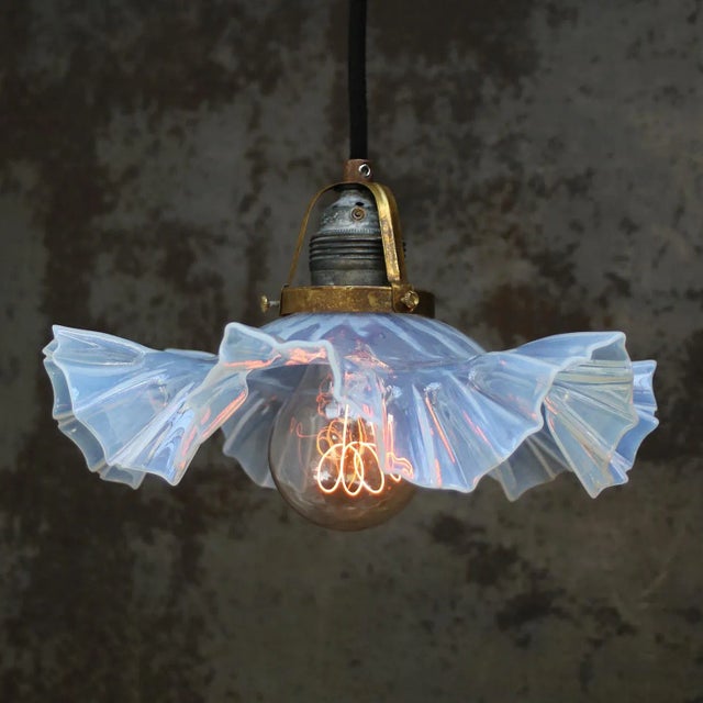 French Art Nouveau glass lamp Brass bulb holder with pearl blue glass shade. 2 meter black cotton flex E27 / E26 Up to...