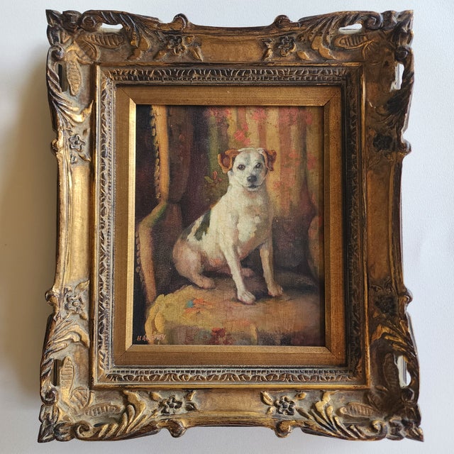 Vintage Mid 20th Century Framed Dog Oil Painting of a Terrier