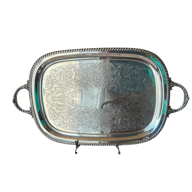 Wallace Silversmiths Mid Century Wallace Silverplate Engraved Serving Tray With Handles, 23.5” For Sale - Image 4 of 16
