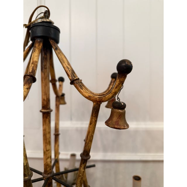 Chinoiserie Vintage Faux Bamboo Chinoiserie Chandelier With Bells & Tortoiseshell Finish - Underwriters’ Laboratories For Sale - Image 3 of 12