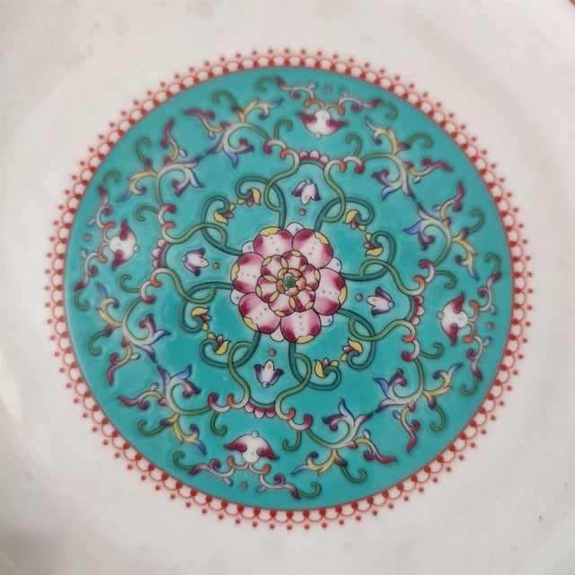 Art Deco Chinese Ceramic Plate,Qianlong Marked Famille Rose Porcelain Plate Hand Painted Floral Patterns Pattern For Sale - Image 3 of 10