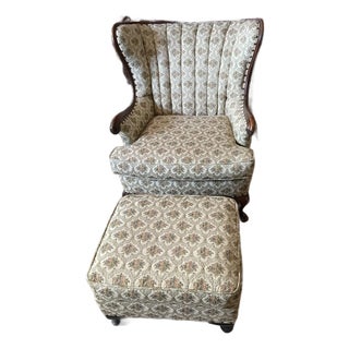 Vintage Mid-Century Upholstered Wingback Lounge Chairs With Matching Ottoman, Carved Wood Frame, Custom Upholstery. For Sale