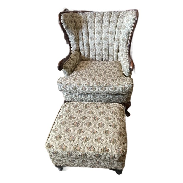 Vintage Mid-Century Upholstered Wingback Lounge Chairs With Matching Ottoman, Carved Wood Frame, Custom Upholstery. For Sale