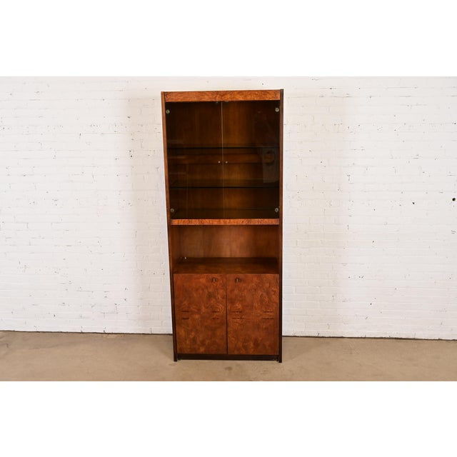 Mid-Century Modern Jack Cartwright for Founders Burl Wood Lighted Bookcase or Bar Cabinet, Circa 1970s For Sale - Image 3 of 11