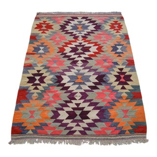 Handmade Turkish Kilim Rug Diamond Pattern Area Rug - 3'7" X 4'10" For Sale