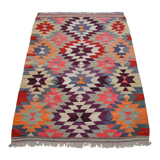 Handmade Turkish Kilim Rug Diamond Pattern Area Rug - 3'7" X 4'10" For Sale