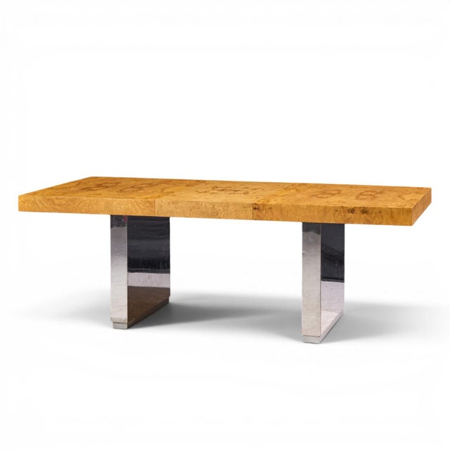 Roger Sprunger for Dunbar Mid Century Burlwood and Chrome Expanding Dining Table With 2 Leaves For Sale - Image 11 of 13