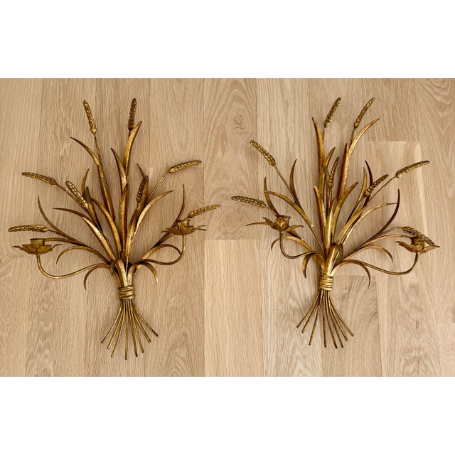 Elegant Mid 20th Century Italian Gilt Wrought Iron Wheat Sheaf Candle Sconces - A Pair For Sale In Chicago - Image 6 of 7