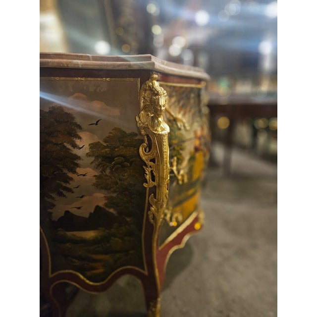 Rococo Vintage Louis XV Bombe Chest - Hand-Painted French Marble Top Dresser For Sale - Image 3 of 4
