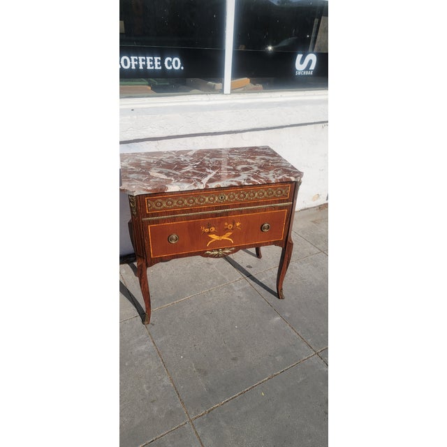 French Provincial Vintage Inlaid Marquetry French Commode Louis XV Chest of Drawers Marble Top Ormolu For Sale - Image 3 of 8