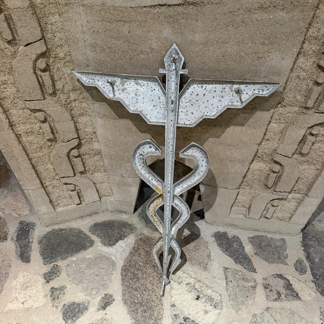 Aluminum Caduceus Symbol Medical Wall Mounted Sculpture Snakes & Wings For Sale - Image 10 of 12
