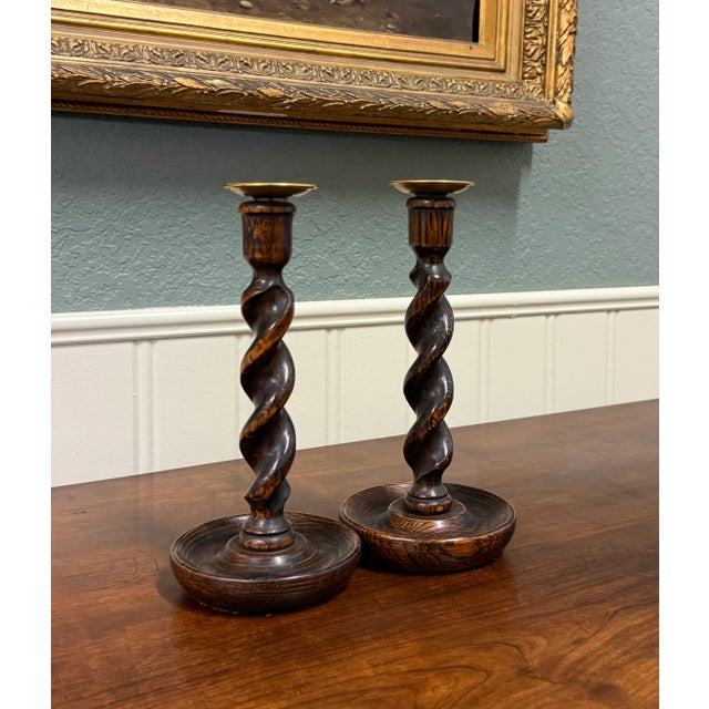 Antique English Barley Twist Candlesticks Candle Holders Oak Pair 10.5" Tall For Sale - Image 15 of 17
